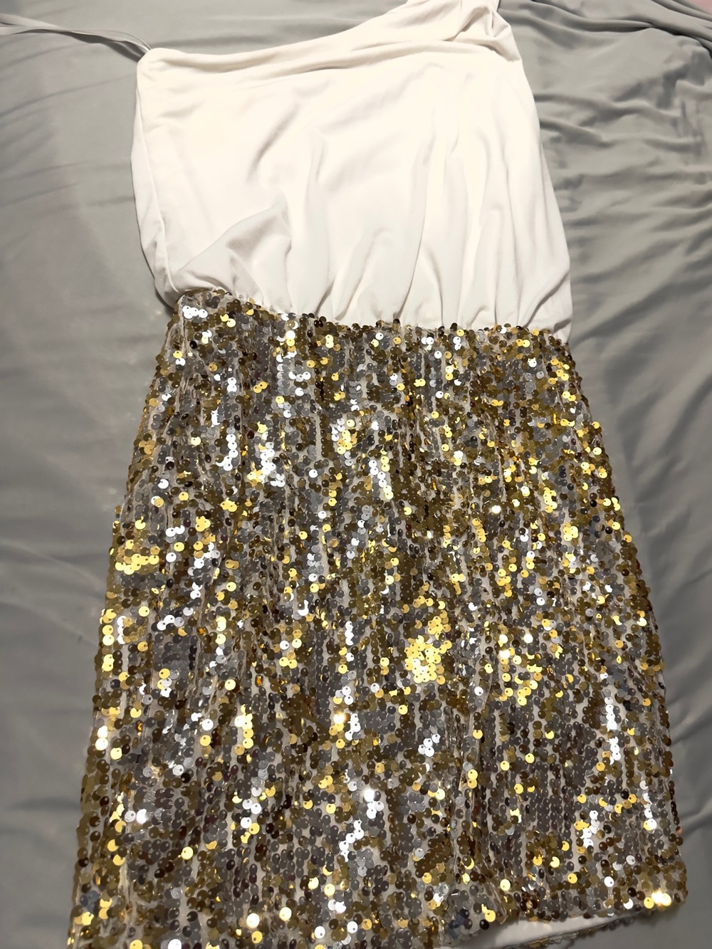 White one shoulder Sequin Party Dress with Gold & Silver Skirt